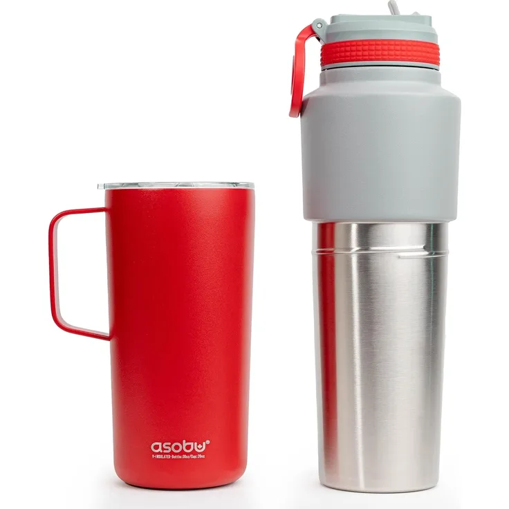 Asobu Twin Pack Bottle with Mug Rot, 0.9 L + 0.6 L