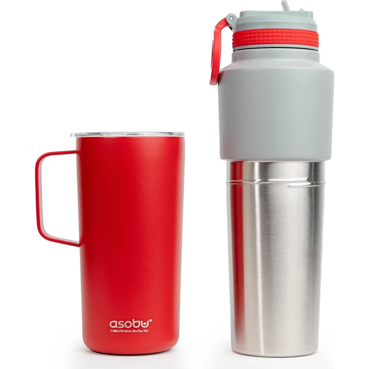 Asobu Twin Pack Bottle with Mug Rot, 0.9 L + 0.6 L – Bild 1