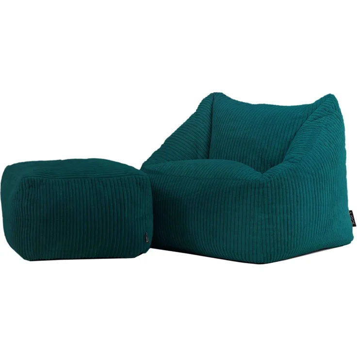 Icon Natalia Sitzsack Kinder mit Hocker, Blaugrün, Flauschiger Cord Stoff, Sitzsack Cord mit Füllung, Bequemer Kinder Sessel, Kuschelsessel, Lese Sessel, Schlafzimmer, Kinderzimmer, Spielzimmer