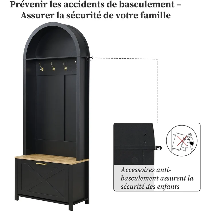 Multifunktionaler Garderobenschrank mit Schuhregal, Ablage & Haken – Hall Tree für Eingangsbereich, langlebiger MDF Korpus, modernes Design, stabile Eisenfüße, praktische Aufbewahrung--Schwarz, Holz--75x35x195cm--YOUDENOVA – Bild 10
