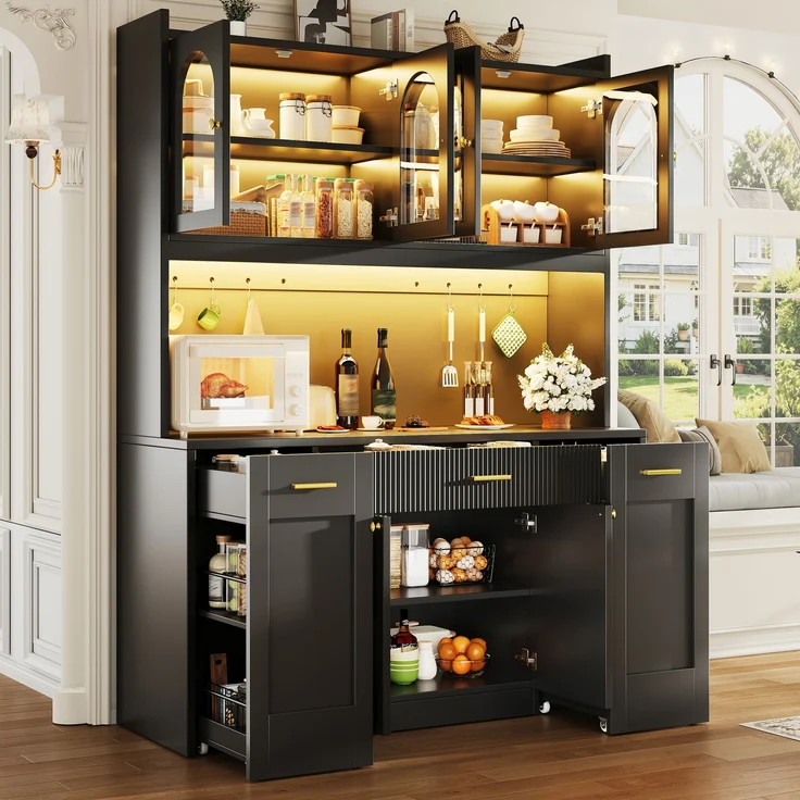 Hochküchenschrank 120cm mit RGB-LED, App-Steuerung, 3 Glasvitrinen, Schubkästen & beidseitigen Roll-Ablagen, Weiß/Schwarz – Bild 4