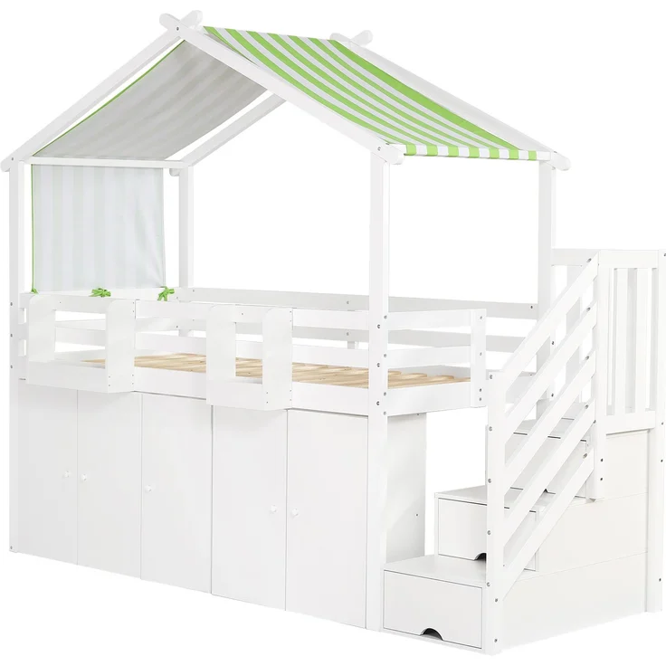 Merax Etagenbett, Kinderbett 90x200cm, mit Fallschutzgitter, 1 Kleiderschrank und 2 Schließfächer, mit 3 Schließfächer in der Treppe, gestreifter Stoff, Kiefer+MDF+Sperrholz, Weiß+Grün – Bild 9