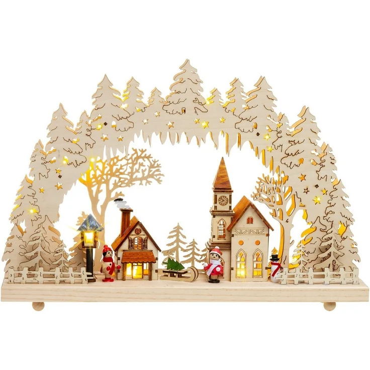 SIKORA Schwibbogen LB52 Holz Lichterbogen mit LED Beleuchtung Motiv Winterdorf B:43cm, inkl. Netzteil - sanft beleuchtet für sinnliche Weihnachten – Bild 2