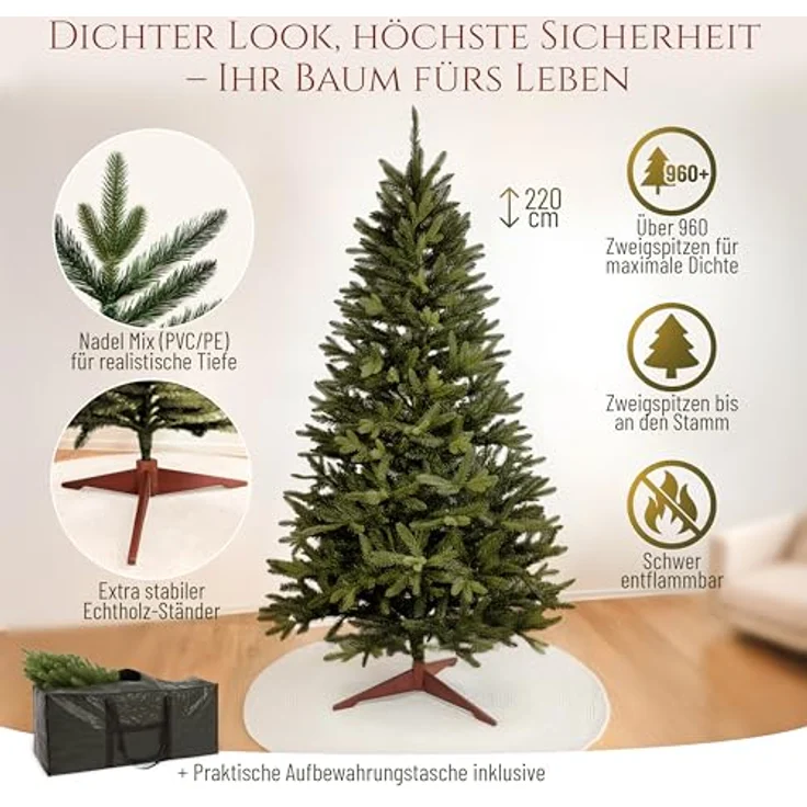 Premium Weihnachtsbaum künstlich 220cm - Naturgetreu, dichte Zweige, Künstlicher Weihnachtsbaum mit Holzständer und Aufbewahrungstasche – Tannenbaum künstlich von Pure Living – Bild 4
