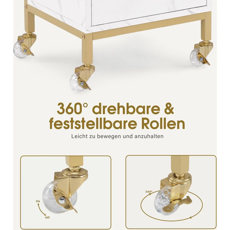 BarberPub Friseurwagen mit Rollen & 2 Schubladen, Rollwagen Servierwagen, Salon Trolley mit 2 Ablagen & Föhnhalter, Moderner Arbeitswagen für Bad Wohnzimmer, 32x37x87cm, Weiß-Gold, 0029 – Bild 6