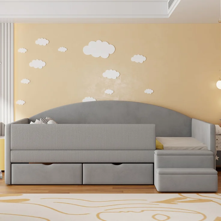 Polsterbett Sofabett,90*190cm,Multifunktionsbett,Mit Zwei Schubladen und Zäunen,Mit Stufen,Hautfreundlicher Samtstoff,ohne Matratze,Hellgrau – Bild 2