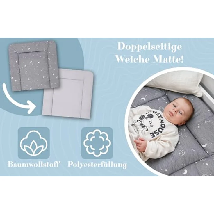 Wickelauflage Wickelunterlage aus Baumwolle 75x72 cm - Weich und waschbar Wickelunterlage für Babys Wickelmatte aus Stoff für Wickeltisch Wickelkommode oder Waschmaschine 75x72 Monde – Bild 5