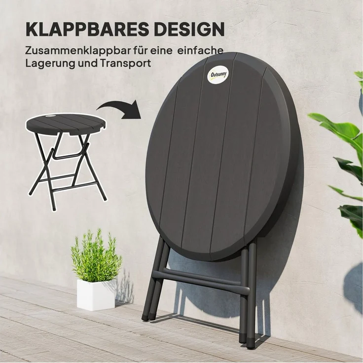 Outsunny Gartentisch Campingtisch Garten Esstisch mit Holzoptik, für Balkon, Terrasse (Beistelltisch für 4 Personen, 1-St, Runder Klapptisch), HDPE, Dunkelgrau – Bild 4
