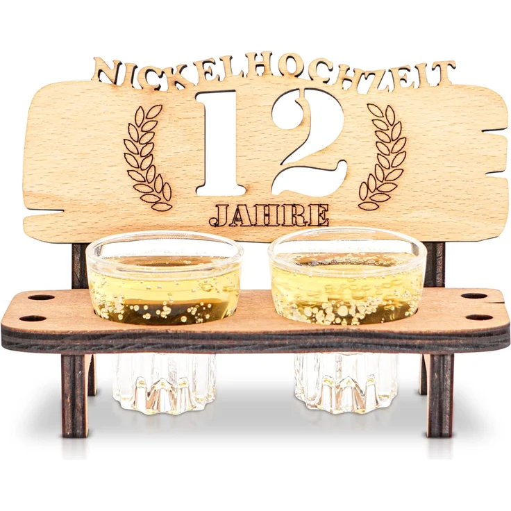 DARO Design - Schnapsbank 12. Hochzeitstag Nickelhochzeit Geschenk Deko für Paare Männer Frauen aus Holz mit Gläsern