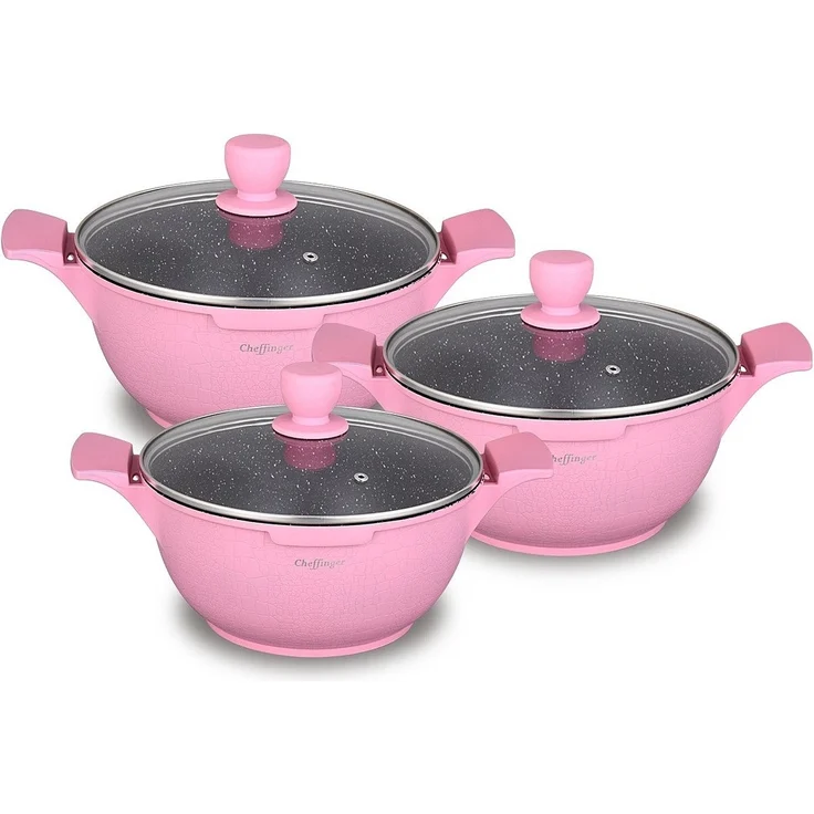 Kochtopf Kasserolle Topf Set 6-tlg mit Glasdeckel Cheffinger pink LC-01 – Bild 1