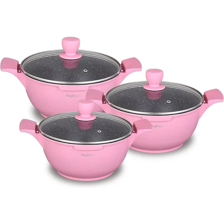 Kochtopf Kasserolle Topf Set 6-tlg mit Glasdeckel Cheffinger pink LC-01