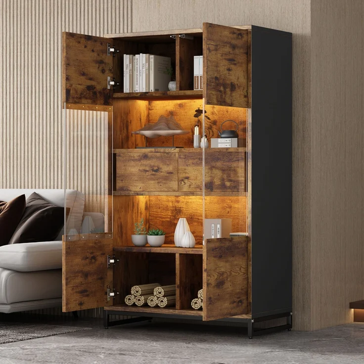 ZUBALIYA Vitrine (80 x 40 x 138 cm), 2 Türen und 2 Schubladen, LED - Beleuchtung, Transparente Elemente, Beige / Naturfarben / Schwarz – Bild 3