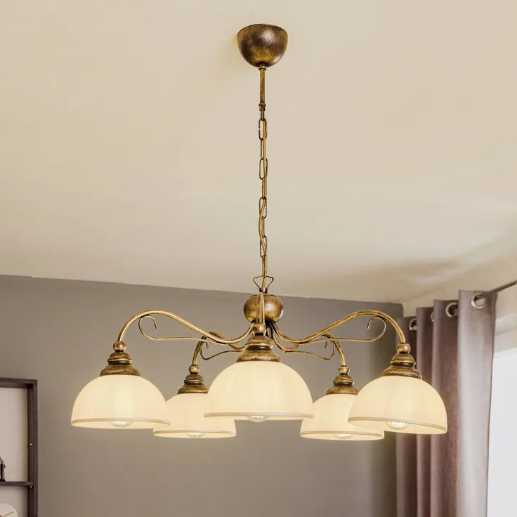 Jupiter Hängeleuchte Casale, fünfflammig, Altmessing-Finish, dimmbar, europäische Qualität