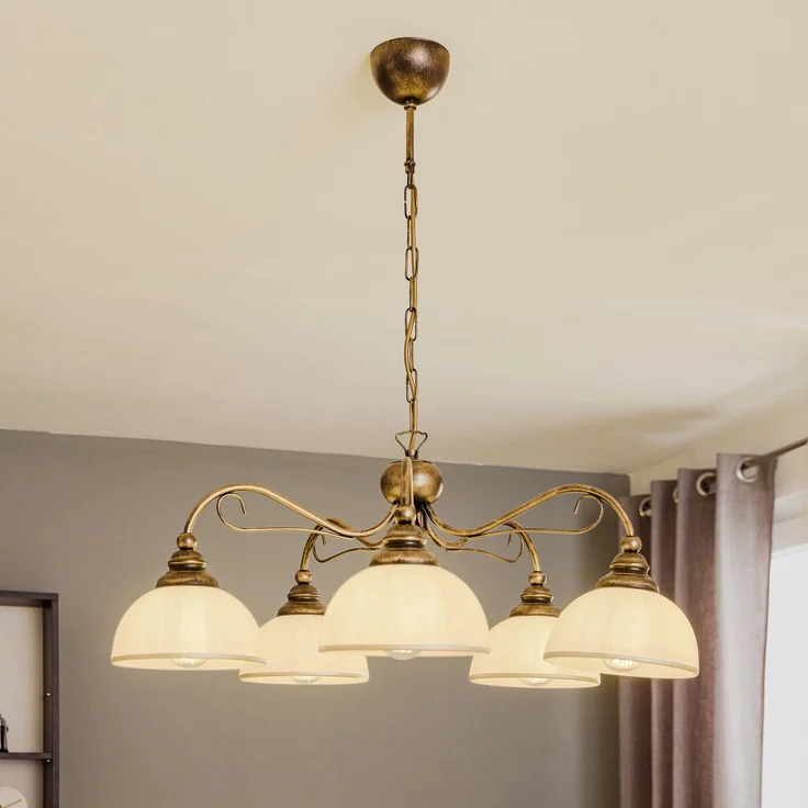 Jupiter Hängeleuchte Casale, fünfflammig, Altmessing-Finish, dimmbar, europäische Qualität