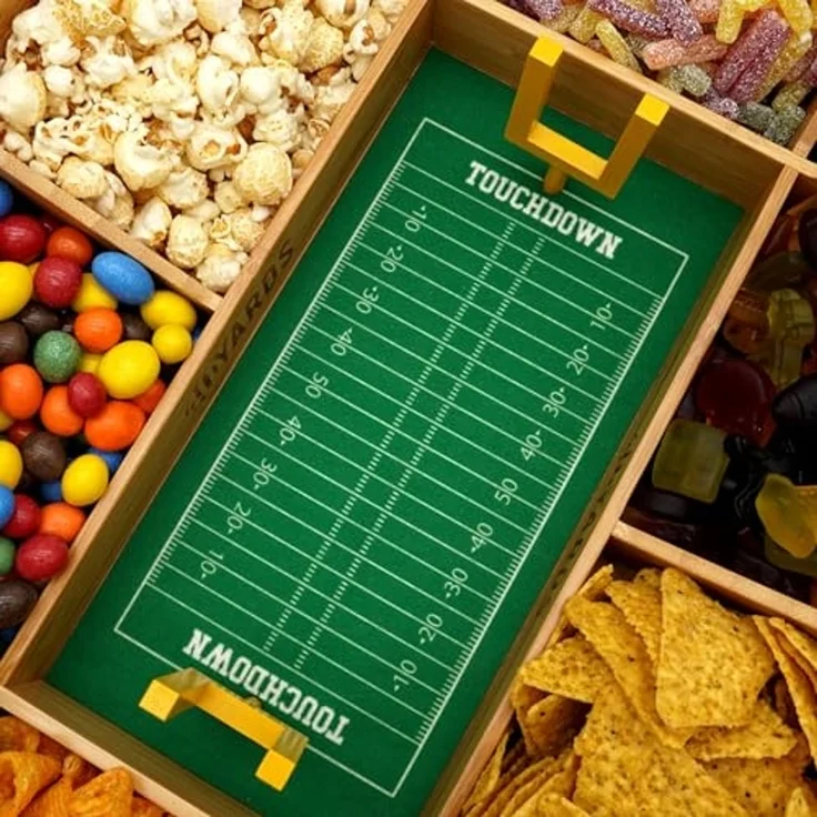 40YARDS Servierschale American Football Snack Stadium aus Bambus Holz + Filz-Spielfeld, Bambus Holz, (12-tlg), Filz-Spielfeld mit Markierungen & 2x Field Goals, Größe: 50 x 36 cm – Bild 5