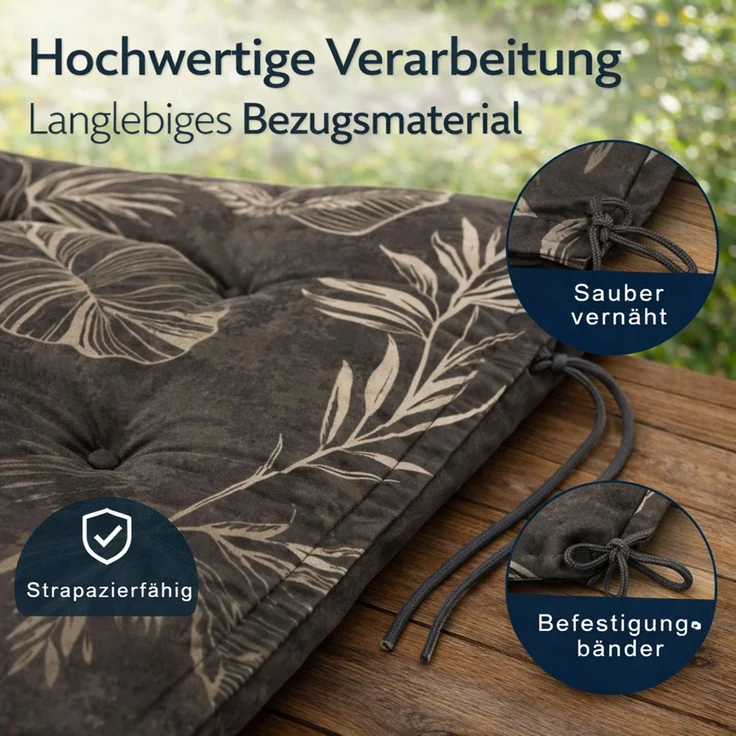 BURI 2x Hochlehner Auflage 117x49x6 cm - wetterfeste Gartenstuhlauflage mit Schaumkern & Vollvlies, Halteband & Bindebänder, bequemes Stuhlpolster für Balkon, Terrasse & Garten (Grau Blätter) – Bild 6