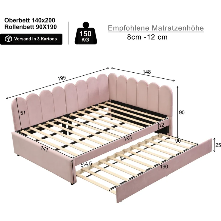 Merax Daybett Polsterbett 140x200cm mit Ausziehbett, Schlafsofa Tagesbett mit Austauschbarer Armlehne, Jugendbett Kinderbett mit Lattenrost, Samt, Rosa – Bild 4