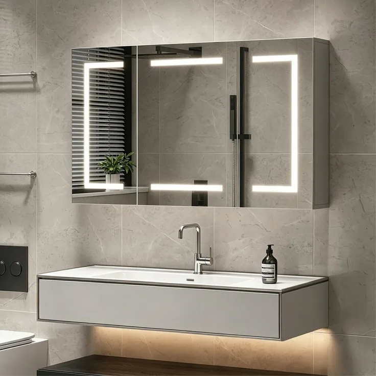 Simurq Spiegelschrank Badezimmerspiegelschrank 3 türig Hängeschrank mit LED Beleuchtung (3 Farbtemperaturen Dimmbar) Badspiegelschrank 100 x 13,5 x 60 cm mit Steckdosen, Anti-Fog