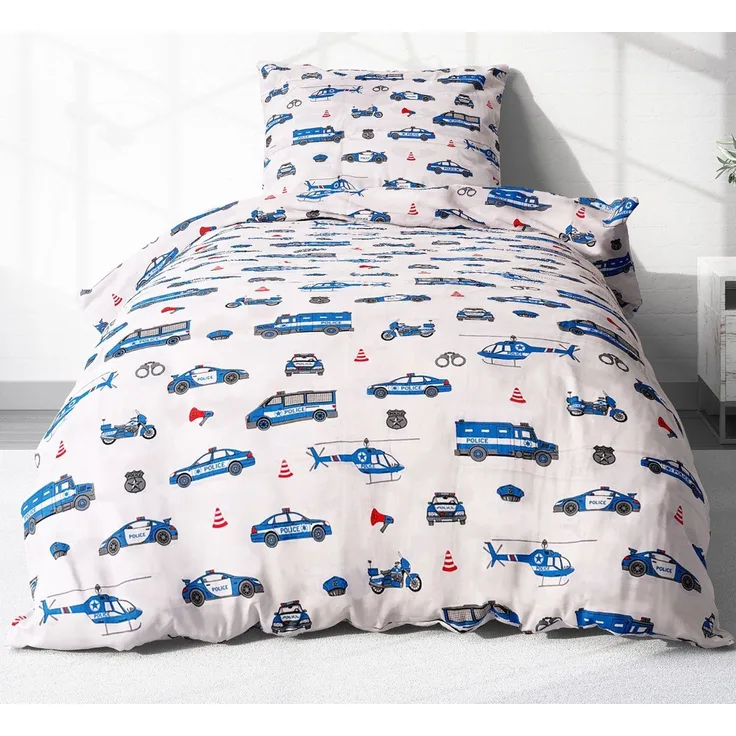 Heubergshop Kinderbettwäsche, Renforcé, 2 teilig, 135x200cm und 80x80cm - Polizei Autos 100% Baumwolle (EW-Polizei)