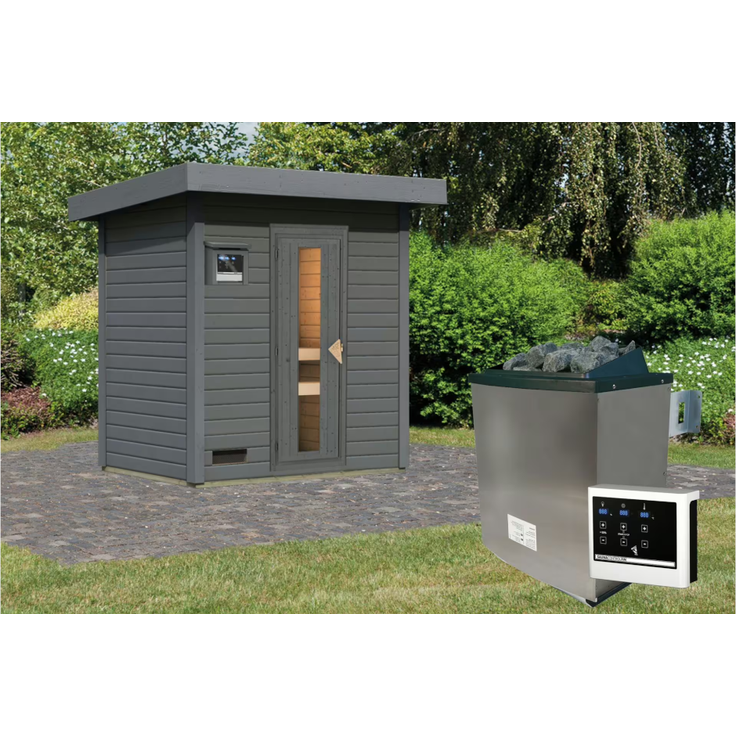 Karibu Sauna Hytti 1 terragrau mit 9 kW Ofen mit externer Steuerung