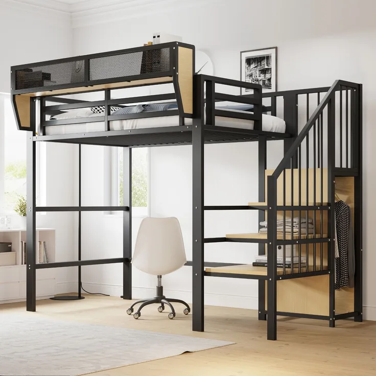 Merax Hochbett 90x200cm, Etagenbett, Kinderbett mit Sicherheitsleiter und flexiblem Staufach, Metallbett, Schwarz