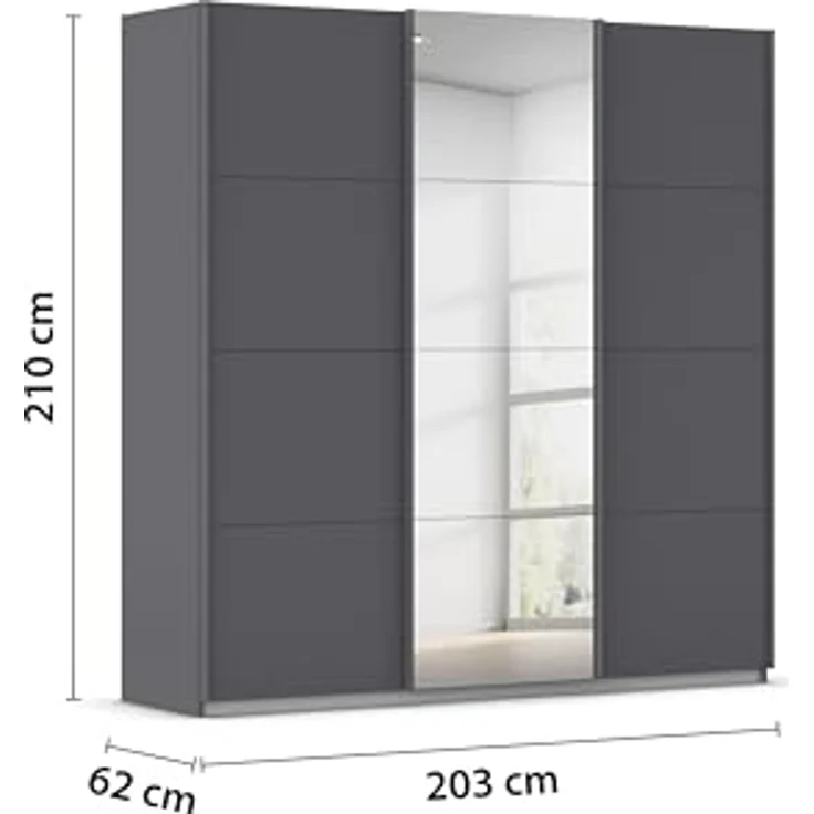 Rauch Möbel Kulmbach, Kleiderschrank mit Schwebetüren für Schlafzimmer, Kinderzimmer, Jugendzimmer, Garderobe, Flur, 3-türig, mit Spiegel, Zubehör Basic, Farbe Grau metallic, Schwarz, Breite 203 cm – Bild 3