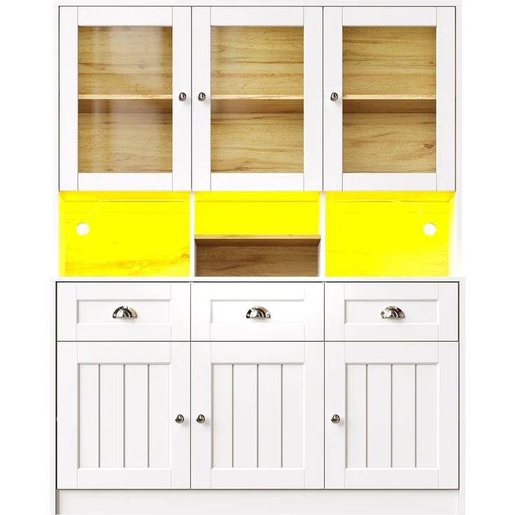 Küchenschrank(140×40×175cm), Hochschrank Küchenbuffet, Vitrinenschrank, Buffetschrank mit Verstellbaren Ablagen, Sideboard mit LED-Beleuchtung,Variable Lichtfarben, Weiß/Schwarz – Bild 6