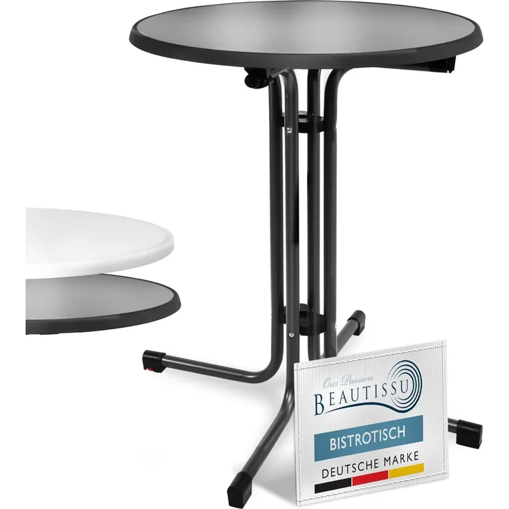 Beautissu Bistrotisch Outdoor Rund Ø 70 cm Wasserfest – Beistelltisch Balkontisch Wetterfest Gartentisch Rund Klappbar 70 cm hoch – Campingtisch Partytisch Esstisch Gastro – Schwarz Bistroni