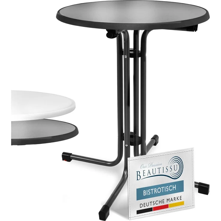 Beautissu Bistrotisch Outdoor Rund Ø 70 cm Wasserfest – Beistelltisch Balkontisch Wetterfest Gartentisch Rund Klappbar 70 cm hoch – Campingtisch Partytisch Esstisch Gastro – Schwarz Bistroni
