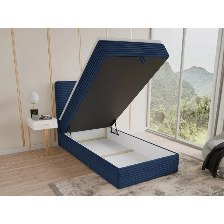 Boxspringbett Mollo Mini mit Bettkasten und Matratzentopper - Einzelbett mit Bonell-Matratze und Topper, Polsterbett in weichem Cordstoff, Bett, Schlafzimmer (Blau (Tilia 77), 80 x 200 cm) – Bild 4