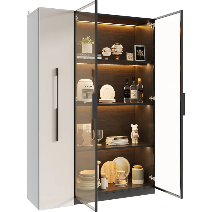 LED-Glasvitrine 110,5 x 35 x 160 cm aus MDF und Sicherheitsglas in Schwarz-Weiß – Bild 7