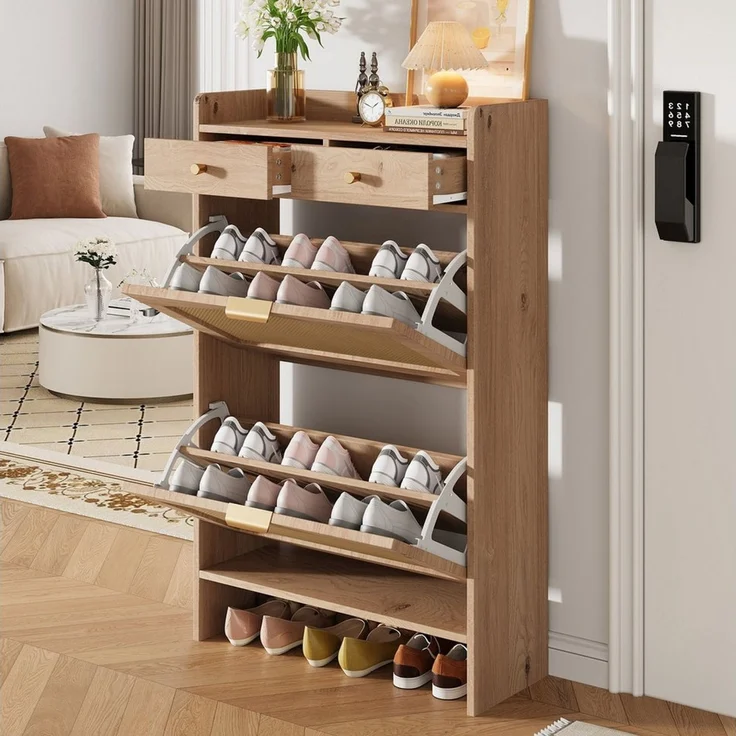 Flieks Schuhschrank Schuhkipper Schuhkommode mit Arbeitsplatte, 2 Rattan-Klappen Holzoptik (65×25×106 cm, 1-St) Schuhregal Flurschrank mit verstellbaren Einlegeböden Landhausstil – Bild 2