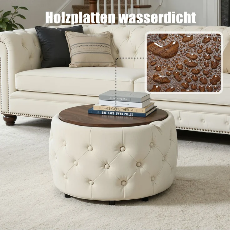 Hocker-Set aus Samt, 2-teilig, mit Stauraum und Holztablett, 60x60x38 cm, Beige – Bild 8