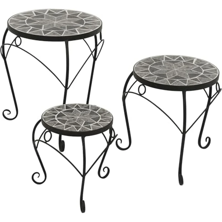 DEGAMO Beistelltisch SIENA (3-er Set), 32cm/27cm/21cm, Stahl + Keramik in Mosaikoptik grau/weiss – Bild 1