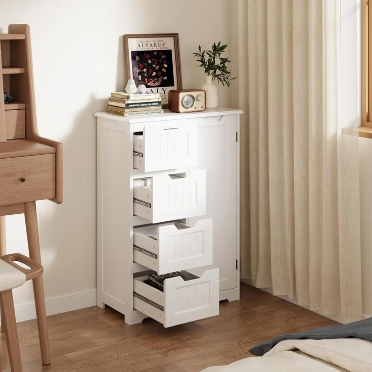 Bealife Badezimmerschrank Badschrank Schmal Beistellschrank mit 4 Schubladen Schranktür Verstellbare Trennwand Geeignet für Badezimmer Wohnzimmer Küche Flur – Bild 9