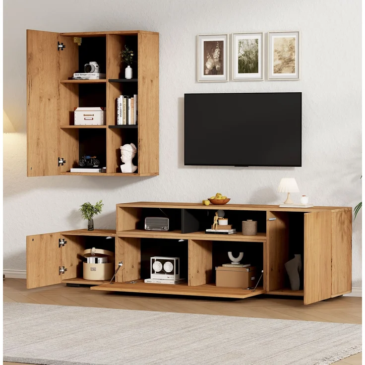 TV Wohnwand-set mit Vitrine (Komplett-Set, 2-St),Mediawand inkl. TV-Board -set und Standregal,TV Wohnzimmermöbel-Set,flexible Länge TV-Schrank bis 265 cm,stehend&hängend,TV bis 120',Holzfarbe+Schwarz--Eiche--100.69x62.23x15.75cm--YOUDENOVA – Bild 3