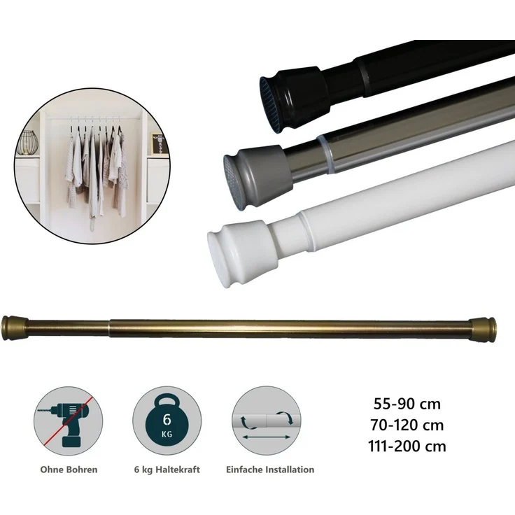 tinycurtains Klemmstange Teleskopstange 70-120 cm oder 111-200 cm Vorhangstange ohne Bohren, Ø 0.22 mm, 1-läufig, ausziehbar, klemmbar, Duschvorhangstange, Badstange, Gardinenstange, Metall, Klemmstange, stufenlos verstellbar, rostfrei, Stange für Türv... – Bild 2