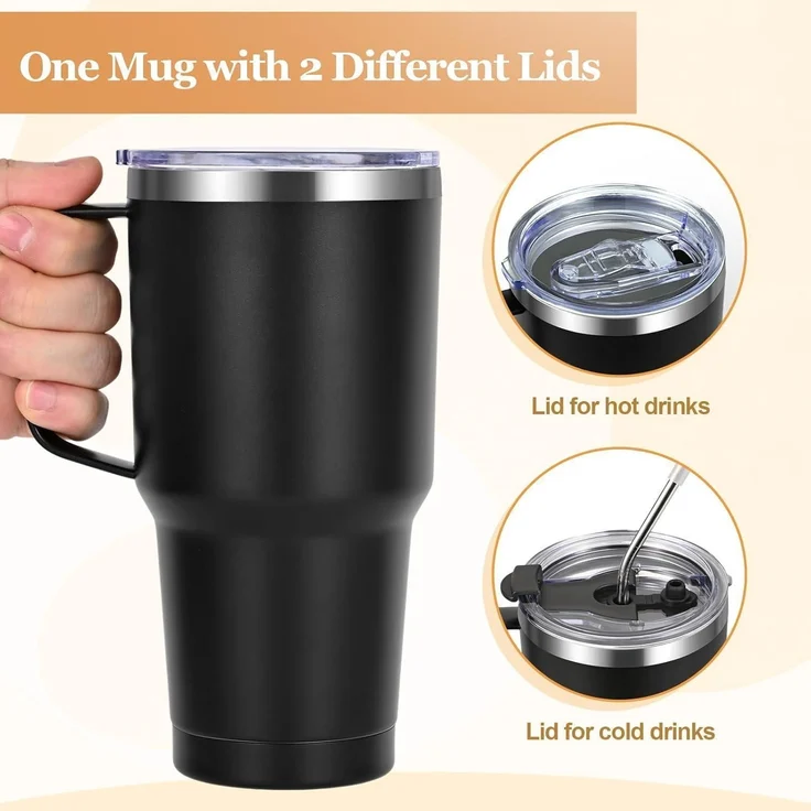 Livole 30oz 900ml Doppelwandiger Thermobecher mit Strohhalm Henkel Schwarz – Bild 5