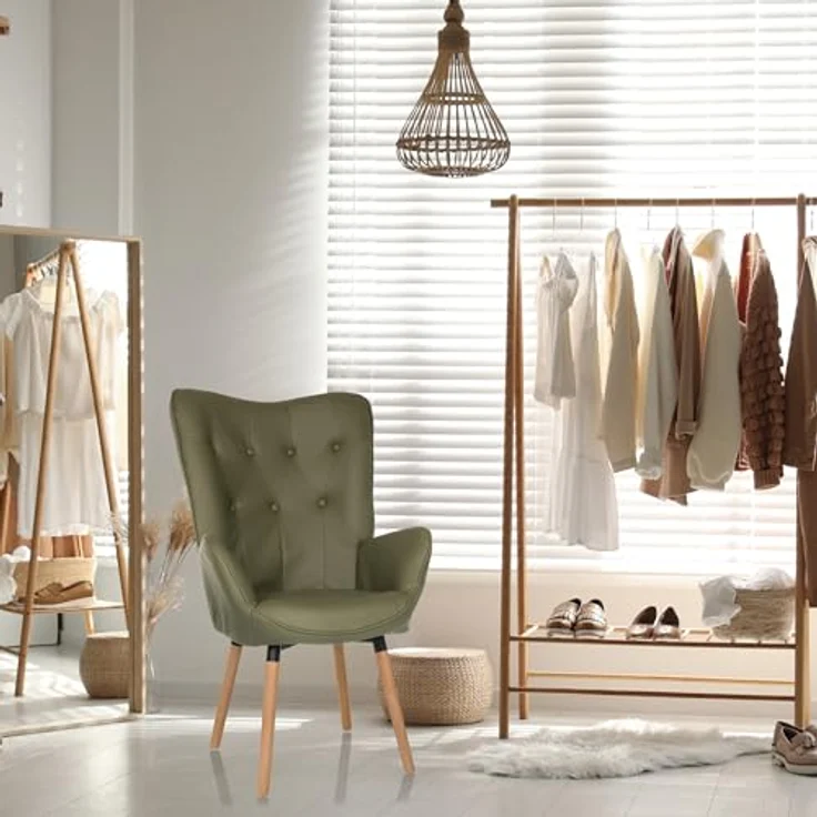 hjh LIVING Ohrensessel in Velour-Optik HAVENIO I Sessel für Wohnzimmer Schlafzimmer, Polsterstuhl mit Holzbeinen, Stoff Olivgrün – Bild 5