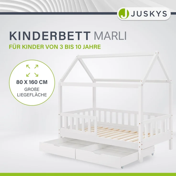 Juskys 'Marli' Kinderbett, mit Matratze, Bettkasten, Rausfallschutz, Lattenrost & Dach - Massivholz Hausbett für Kinder - Bett in Weiß, 80x160 cm – Bild 2