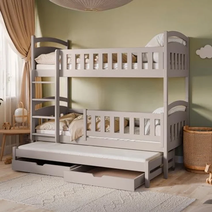 Kids Collective Etagenbett Hochbett Stockbett Kinderbett 90x200 cm mit Ausziehbett und Schubladen, Umbaubar zu 3 Einzelbetten mit Lattenrosten & Rausfallschutz, Kaschmir – Bild 2