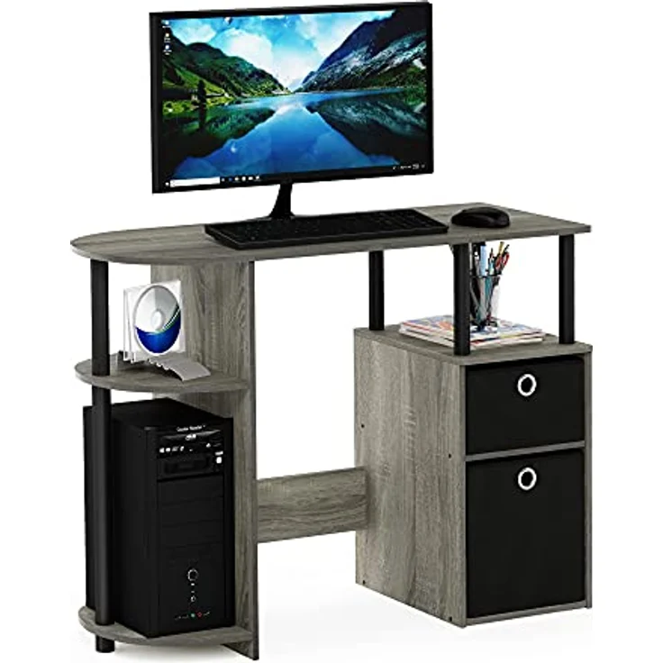 Furinno JAYA Simplistisch Computer-Schreibtisch mit Schubladen, Französische Eiche/Schwarz/Schwarz – Bild 2