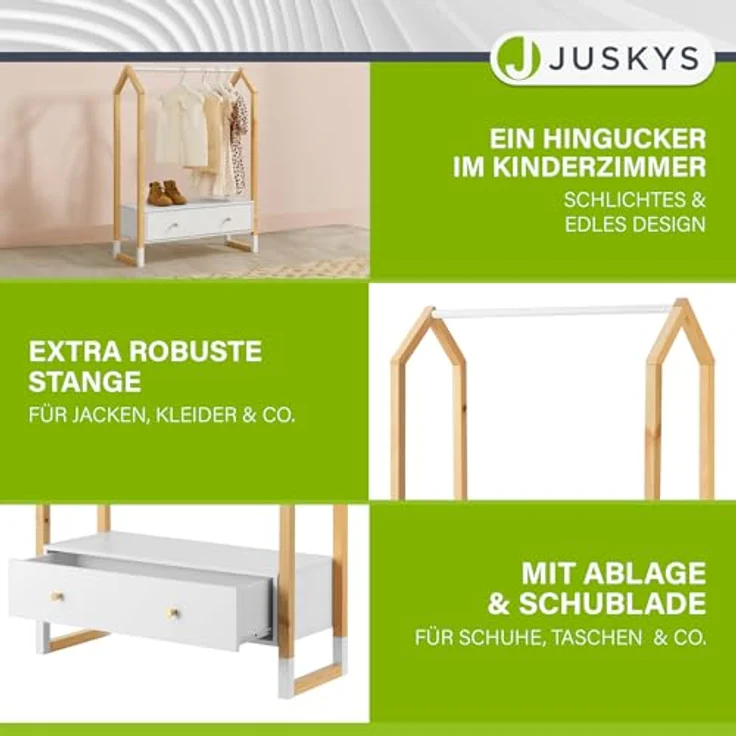 Juskys Kinder Kleiderständer Filla - große Schublade, Kleiderstange, offener Ständer - Kindergarderobe aus Holz - Mädchen & Jungs - Garderobe Weiß – Bild 5
