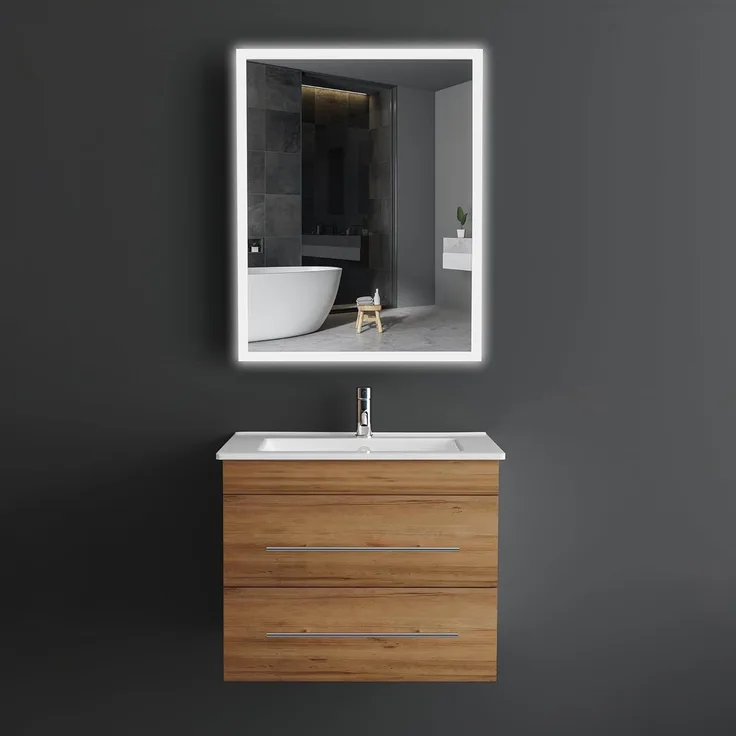 Alpenberger Badmöbel-Set Bad Möbel - Waschbecken mit Unterschrank und Spiegel mit Beleuchtung, (Waschtisch Farbe Bamboo, Badezimmer Möbel 60 cm Breit), Waschbeckenunterschrank mit Schubladen