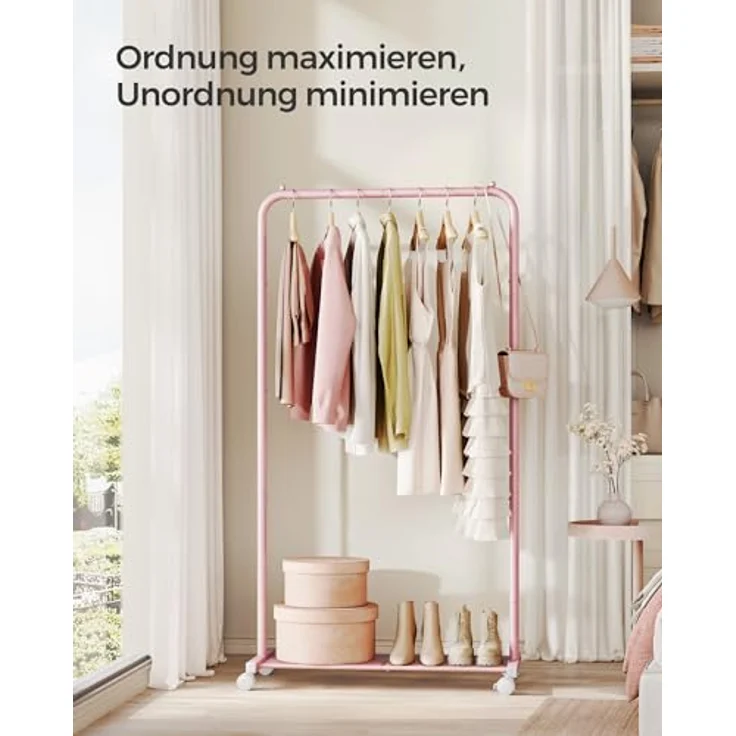 Songmics Kleiderständer, Kleiderstange auf Rollen, Garderobenständer 74 cm breit, Rollgarderobe mit Gitterablage, bis 35 kg belastbar, 2 Rollen arretierbar, Stahlrahmen, pastellrosa HSR130R01 – Bild 3