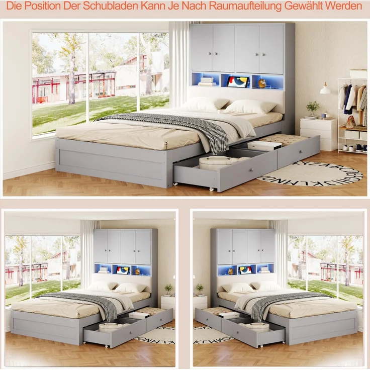 Multifunktionales Holzbett, 90 x 200 cm, mit gepolsterter Rückenlehne, Kopfteil mit Stauraum, Ablagefächern, LED-Beleuchtung und Steckdose, mit Schublade und Lattenrost, Einzelbett, Jugendbett, Grau – Bild 4