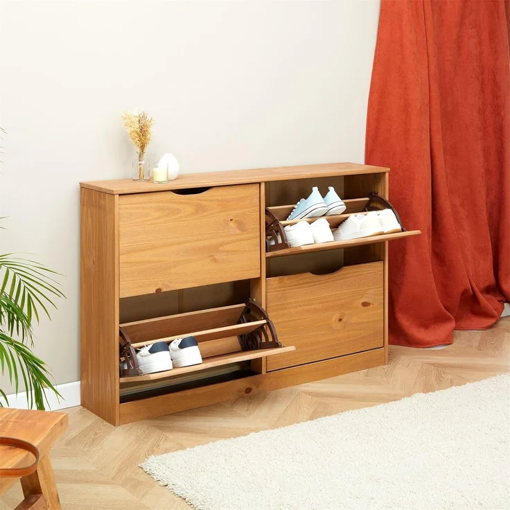 IDIMEX Schuhkommode BASIL, Schuhschrank Schuhkipper Schuhkommode 4 Klappen Kiefer massiv honigfar – Bild 5