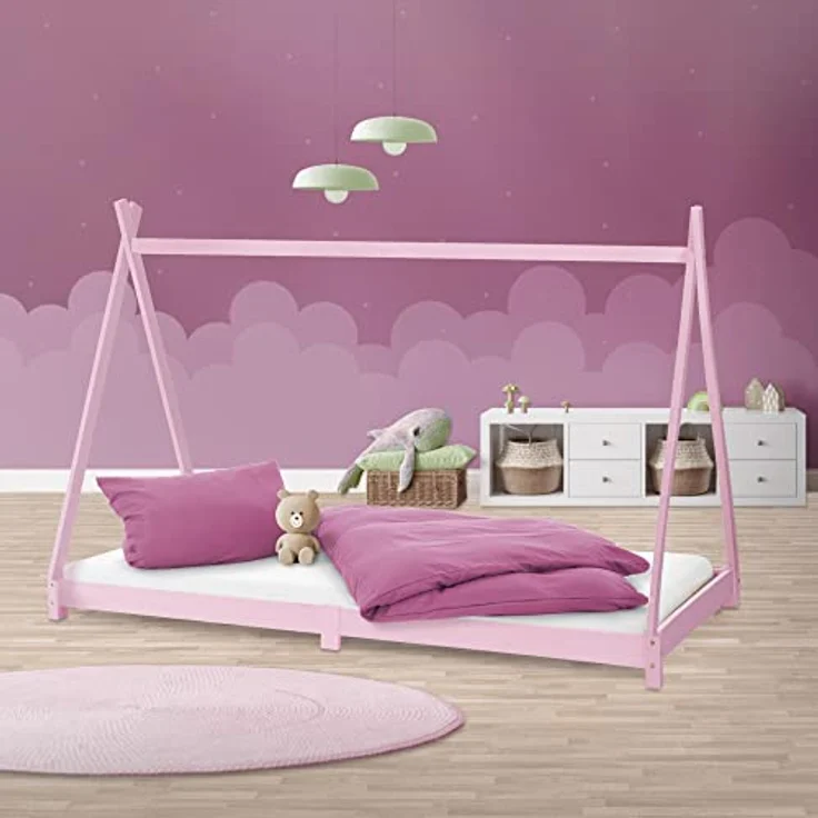 Kinderbett Tipi mit Lattenrost 90x200 cm Rosa aus Kiefernholz ML-Design – Bild 8