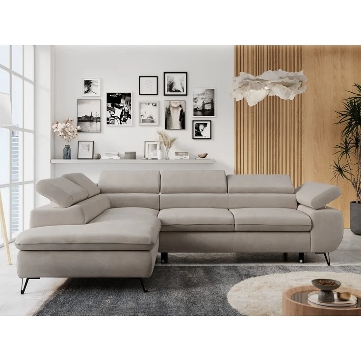 Mks Möbel 'Peter L-form' Ecksofa mit Bettfunktion, Bettkasten & einstellbaren Kopfstützen, Beige, Mikrofaser, links – Bild 1