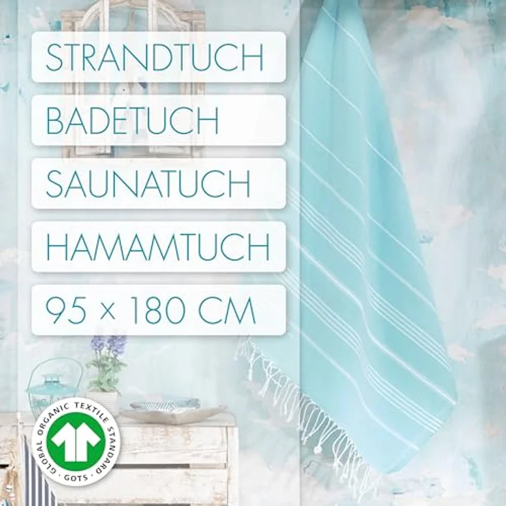 LeStoff Hamamtuch 100% Bio-Baumwolle, 95 x 180 cm, schnelltrocknend, leicht, aqua – Bild 2